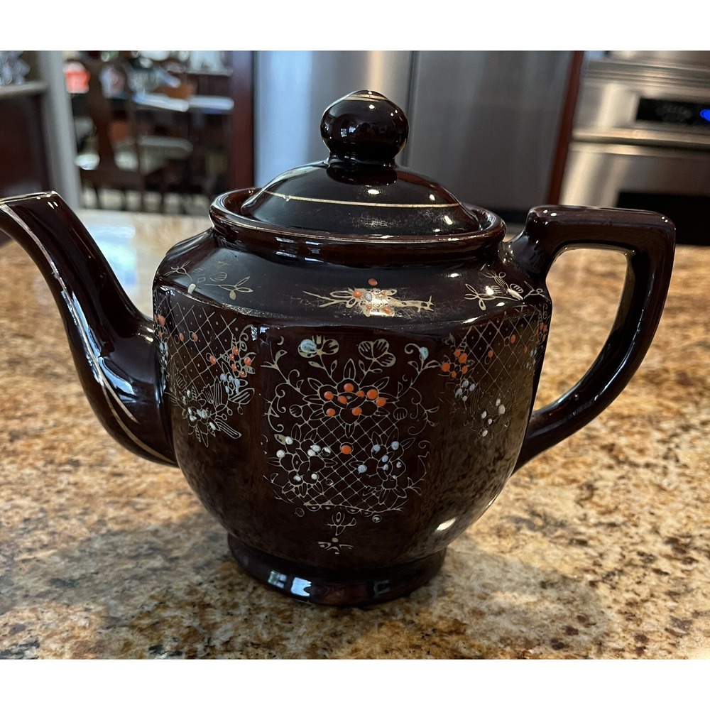 VTG Redware Brown Betty Handpainted Japanese Moriage Teapot Marked JAPAN-1940's